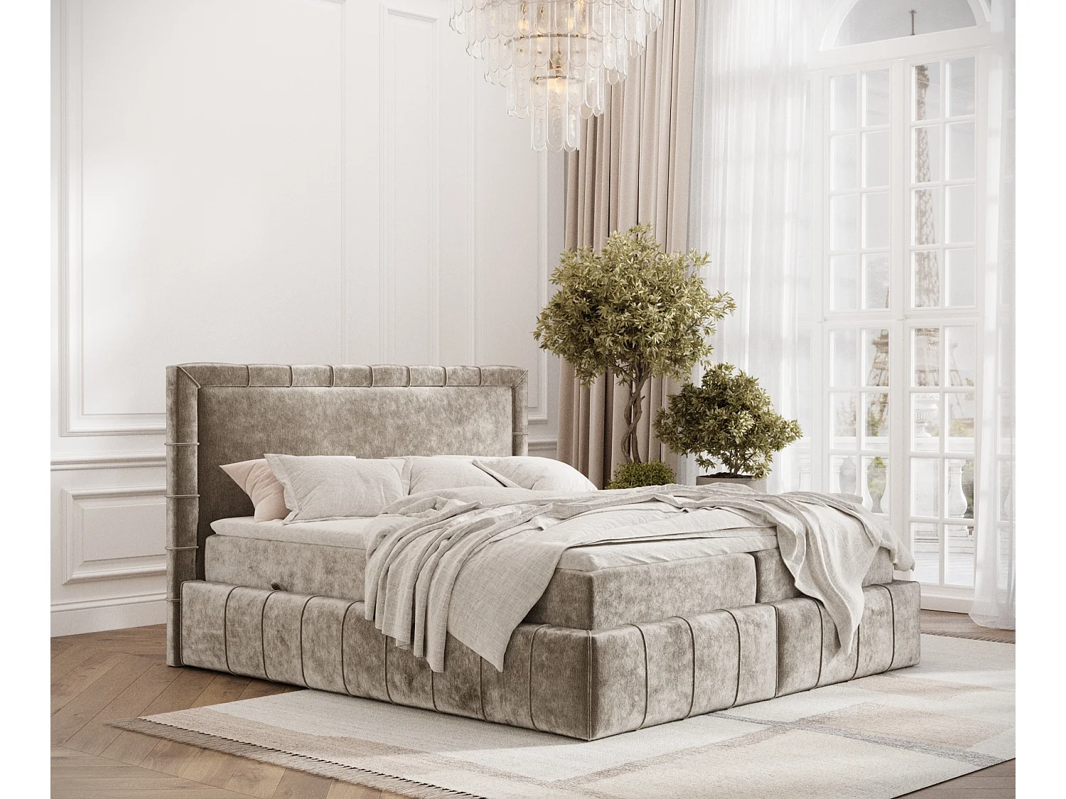 Boxspringbett aus Chenille-Stoff Sundown - Matratze - Toppermatratze - 160x200 cm - beige