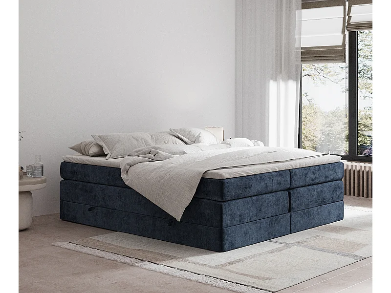 Boxspringbett aus Chenille-Stoff Juniper - Matratze - Toppermatratze - 160x200 cm - marineblau