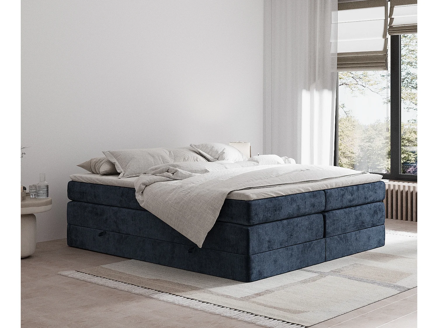 Boxspringbett aus Chenille-Stoff Juniper - Matratze - Toppermatratze - 160x200 cm - marineblau