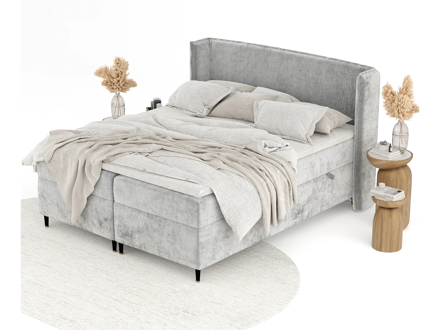 Lit boxspring en tissu chenille Segni - matelas - surmatelas - 200x200 cm - gris clair
