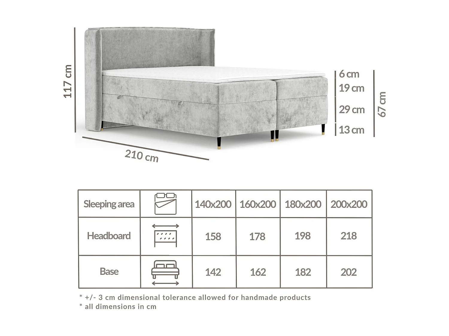Lit boxspring en tissu chenille Segni - matelas - surmatelas - 200x200 cm - gris clair