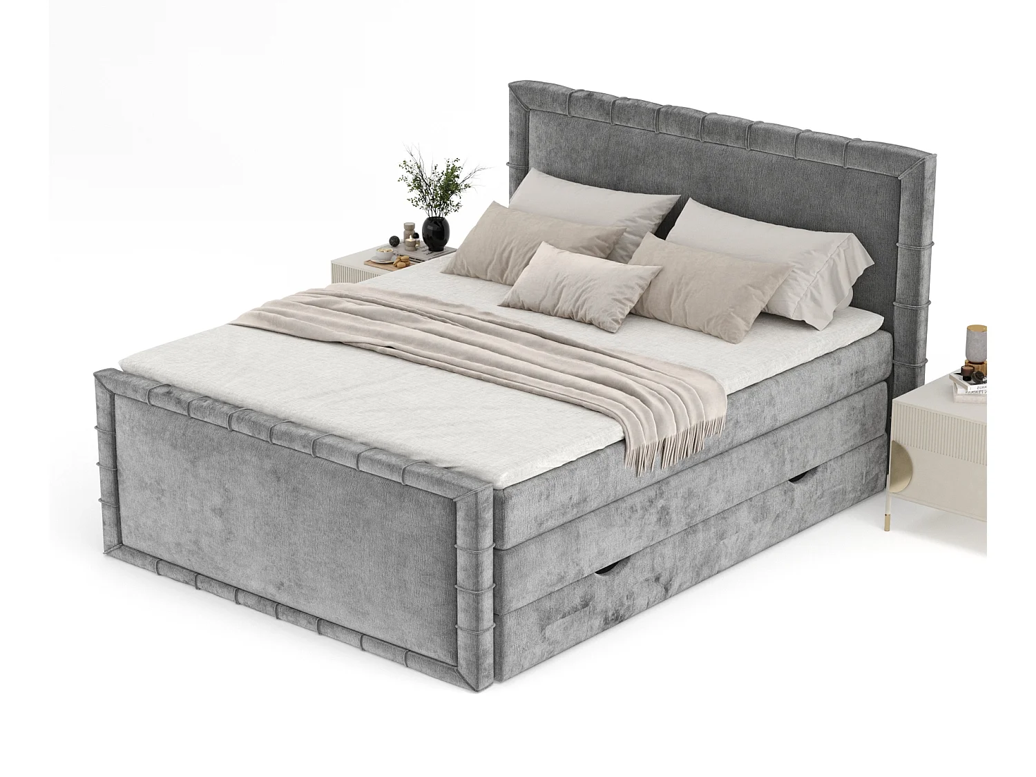 Boxspringbett im Chenille-Stoff Estelle - Matratze - Topper - 200x200 cm - grau