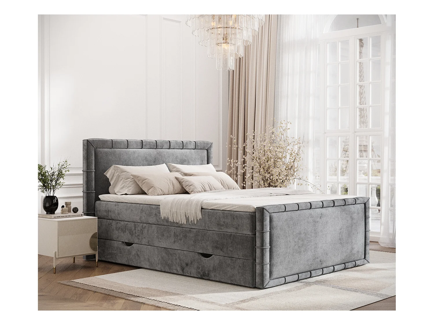 Lit boxspring en tissu chenille Estelle - matelas - surmatelas - 200x200 cm - gris