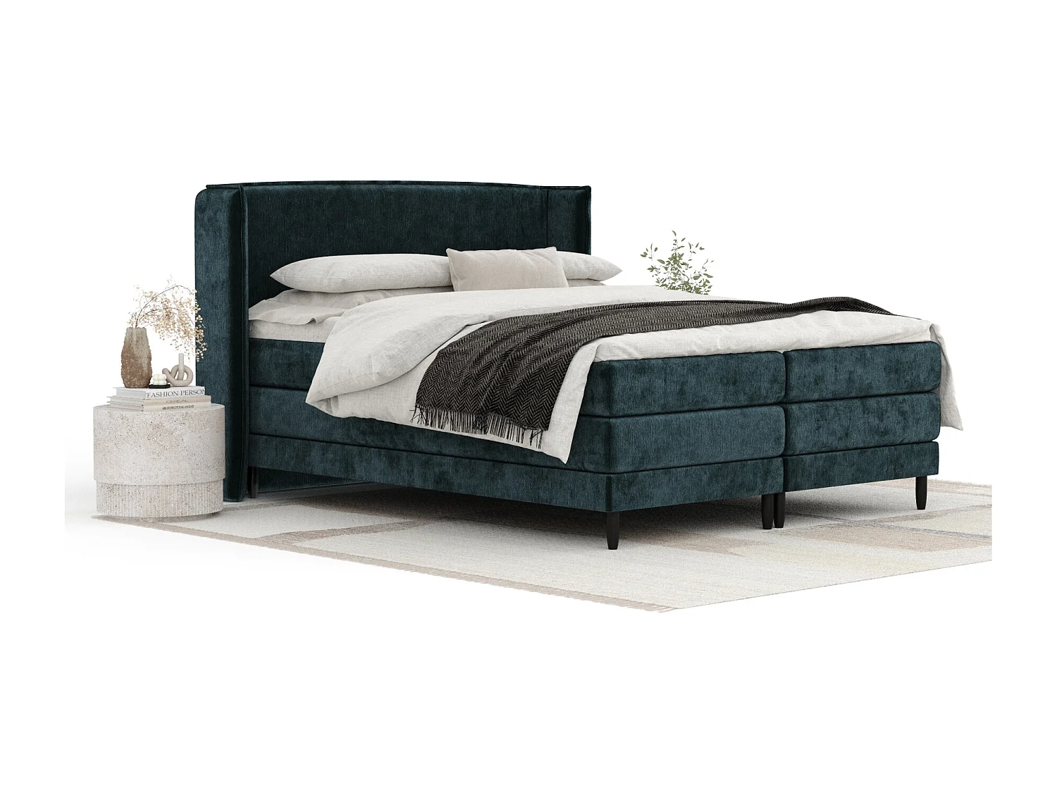 Lit boxspring en tissu chenille Carizzo - matelas - surmatelas - 160x200 cm - couleur sarcelle