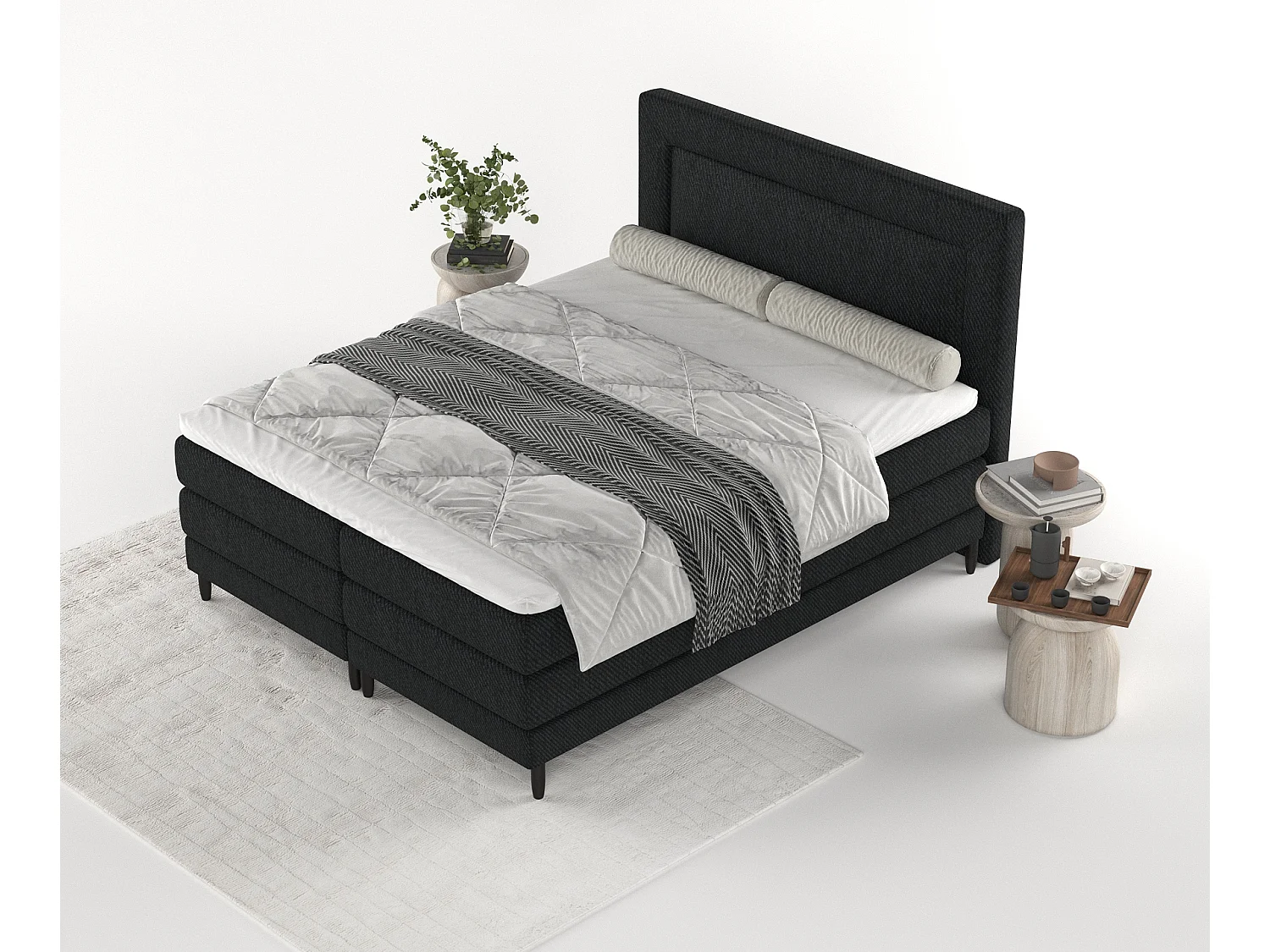 Łóżko boxspring w tkaninie plecionej Madame - materac - topper - 140x200 cm - czarny