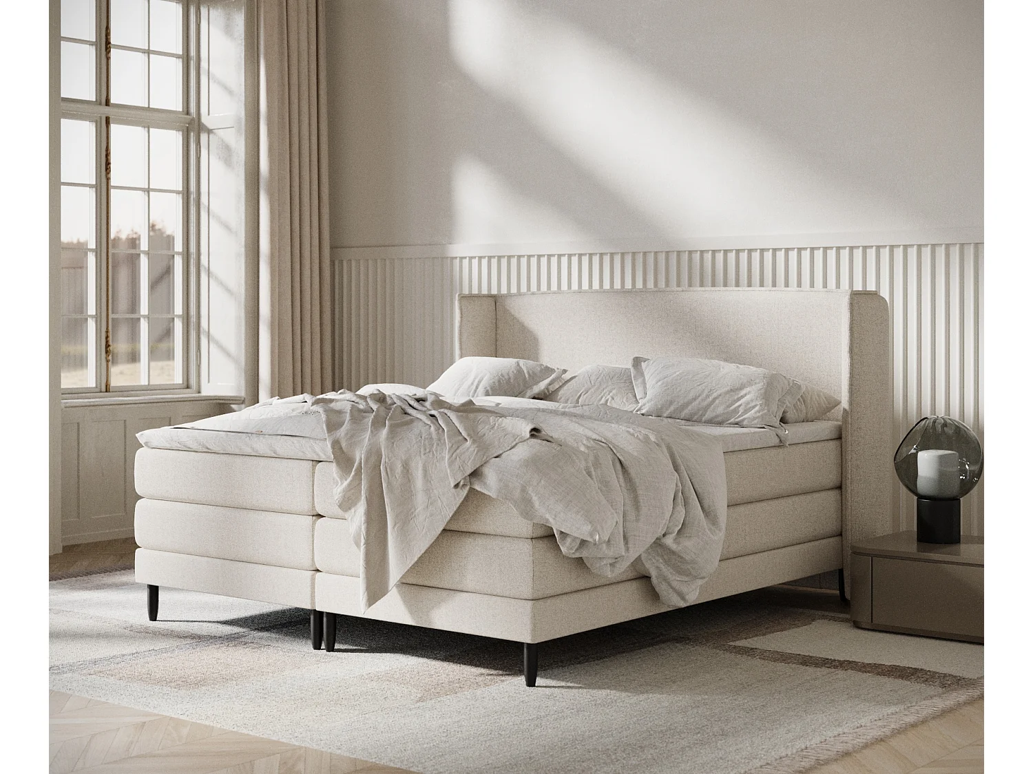 Lit boxspring en toile tissée Carizzo - matelas - surmatelas - 140x200 cm - beige