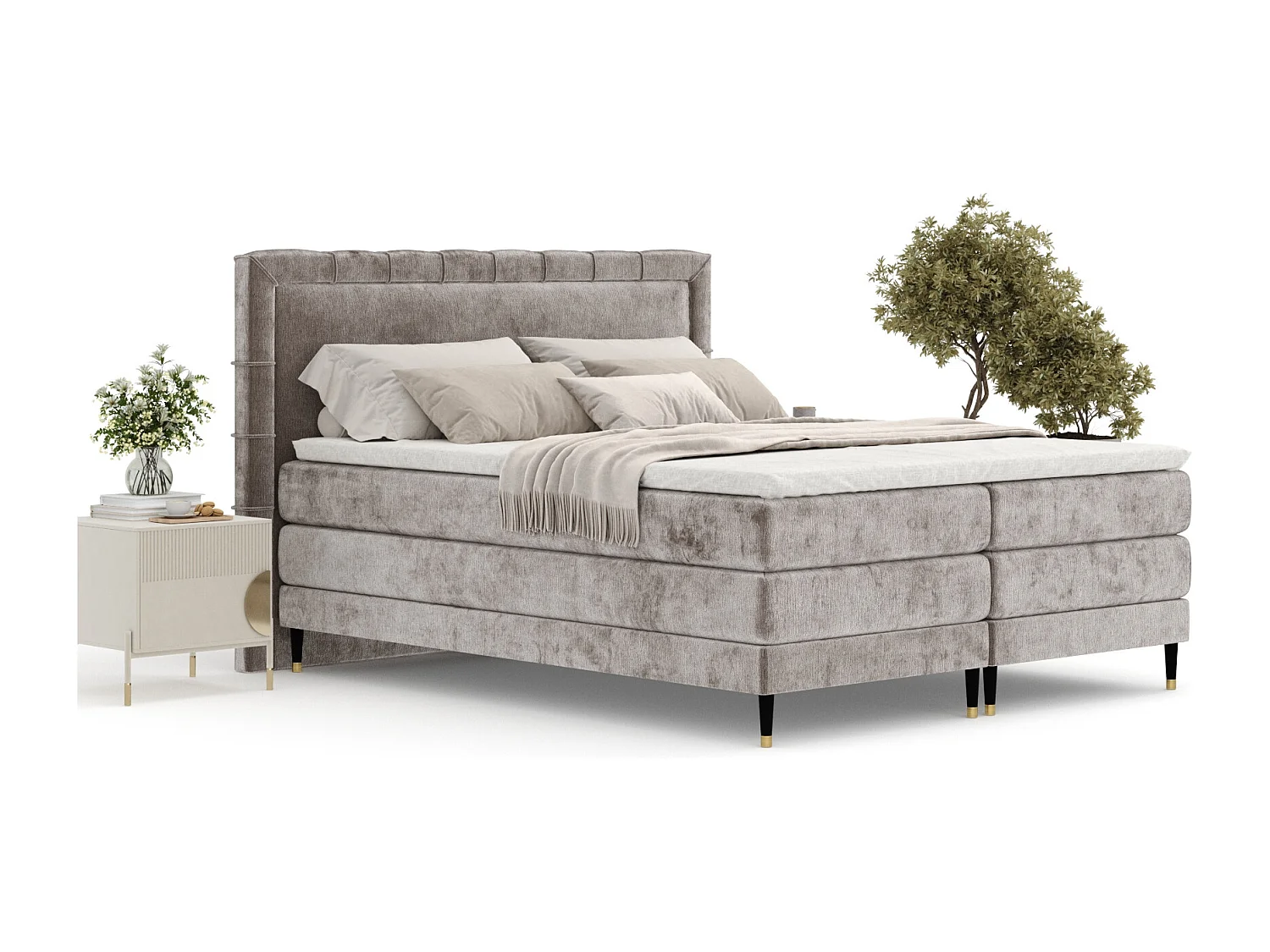 Lit boxspring en tissu chenille Rimini - matelas - surmatelas - 160x200 cm - beige