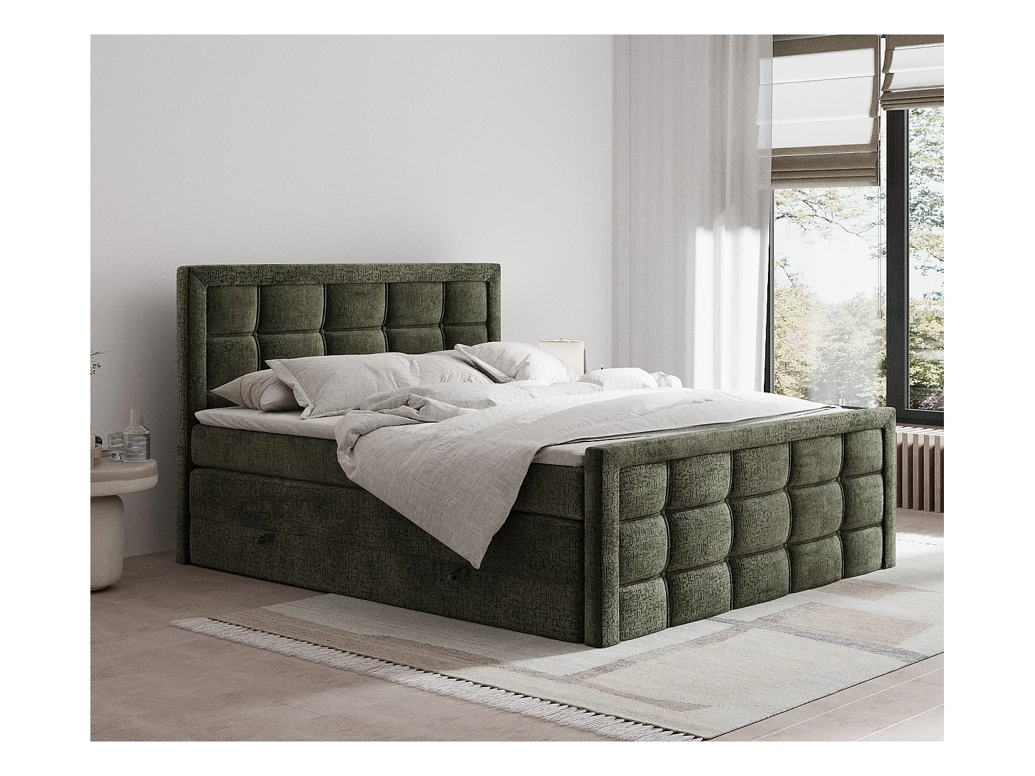 Lit boxspring en tissu chenille Ambrosia - matelas - surmatelas - 160x200 cm - vert olive