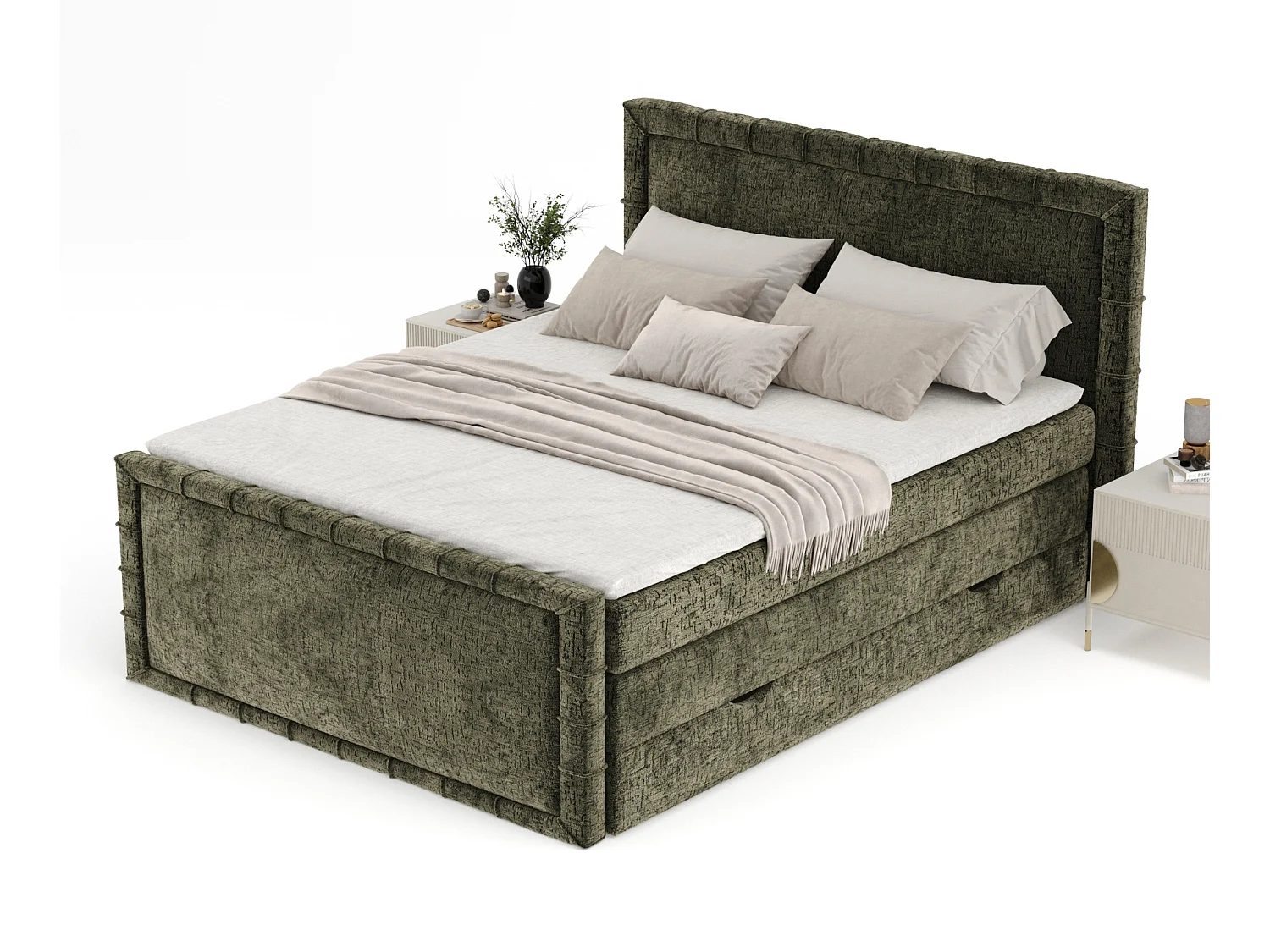 Lit boxspring en tissu chenille Estelle - matelas - surmatelas - 200x200 cm - vert olive