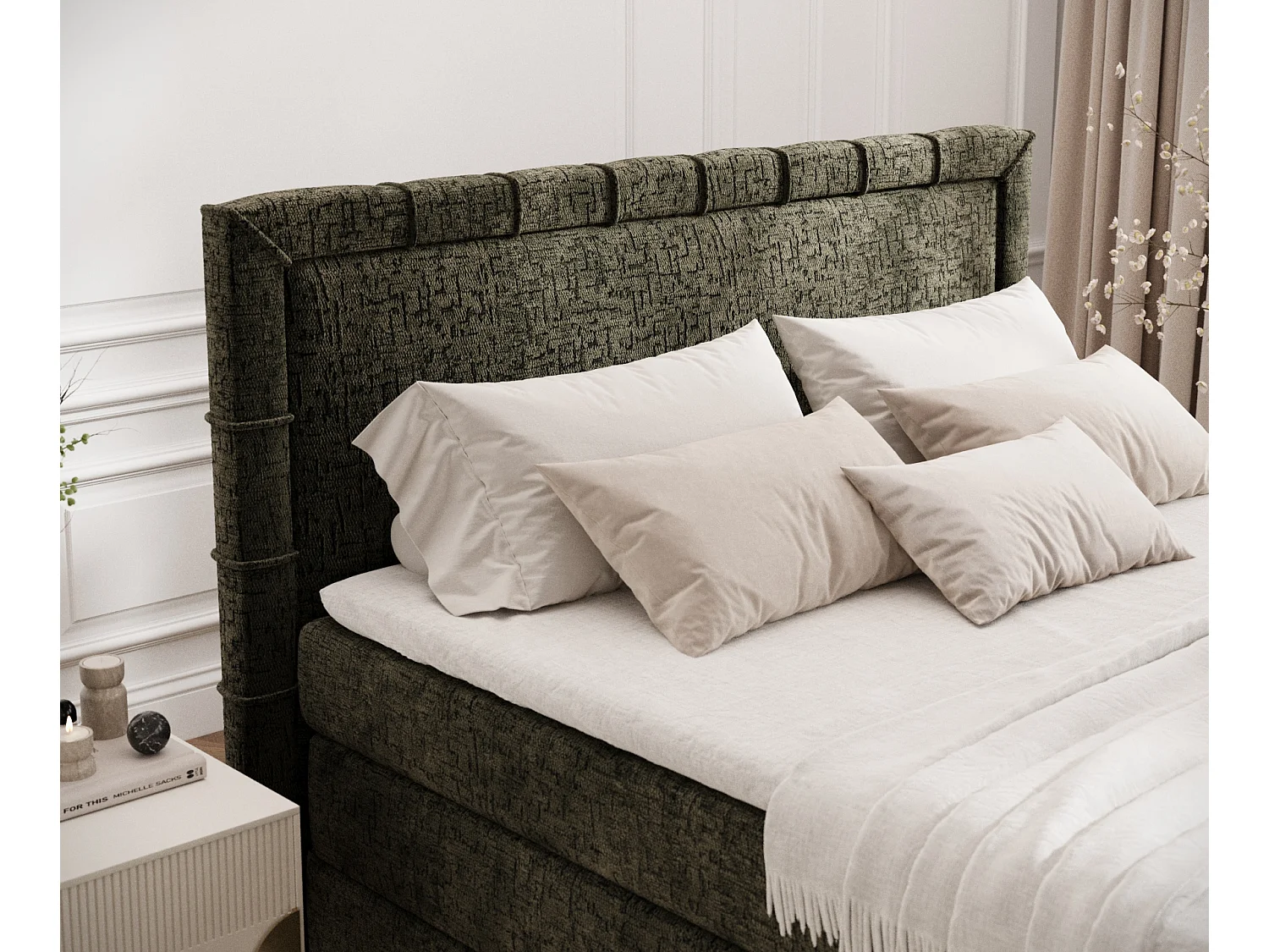 Lit boxspring en tissu chenille Estelle - matelas - surmatelas - 200x200 cm - vert olive