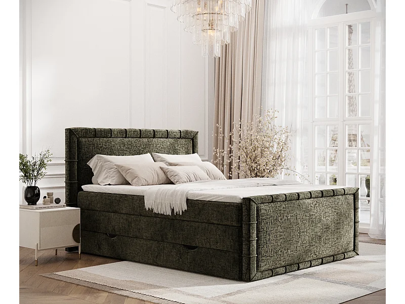 Łóżko boxspring w tkaninie szenilowej Estelle - materac - topper - 200x200 cm - oliwkowy