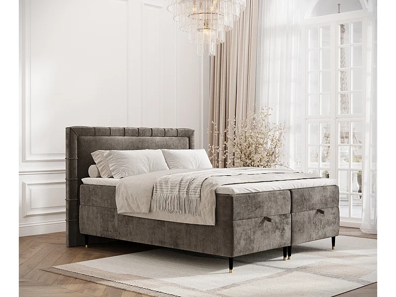 Łóżko boxspring w tkaninie szenilowej Voyage - materac - topper - 200x200 cm - brązowy