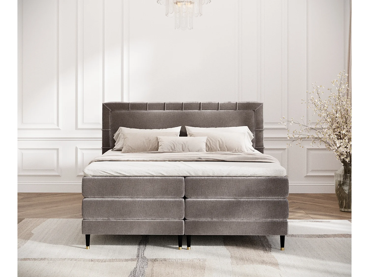 Boxspringbett aus Chenille-Stoff Rimini - Matratze - Toppermatratze - 180x200 cm - beige