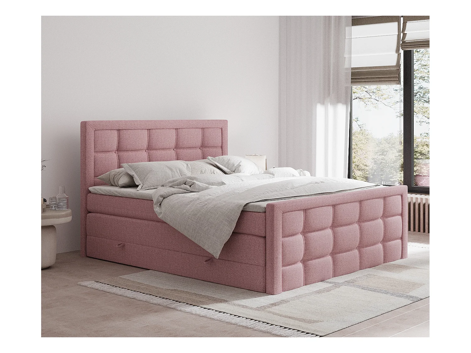 Lit boxspring en toile tissée Ambrosia - matelas - surmatelas - 200x200 cm - rose