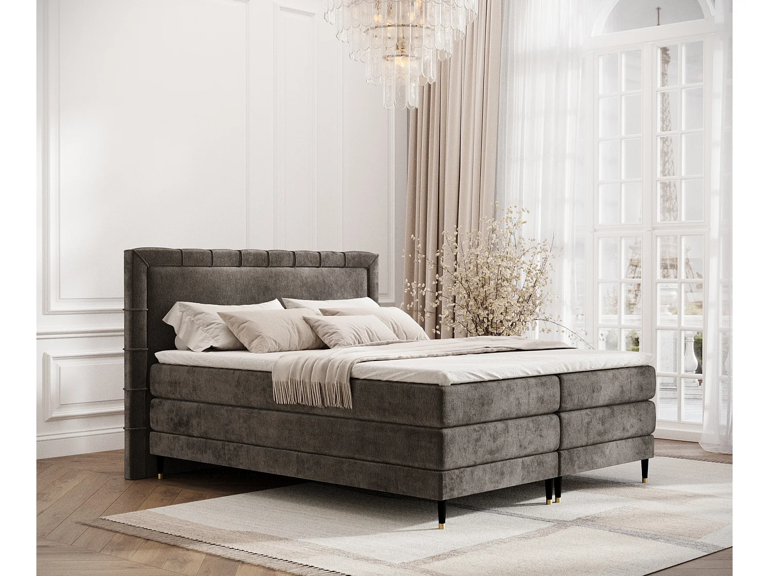 Boxspringbett aus Chenille-Stoff Rimini - Matratze - Toppermatratze - 180x200 cm - braun