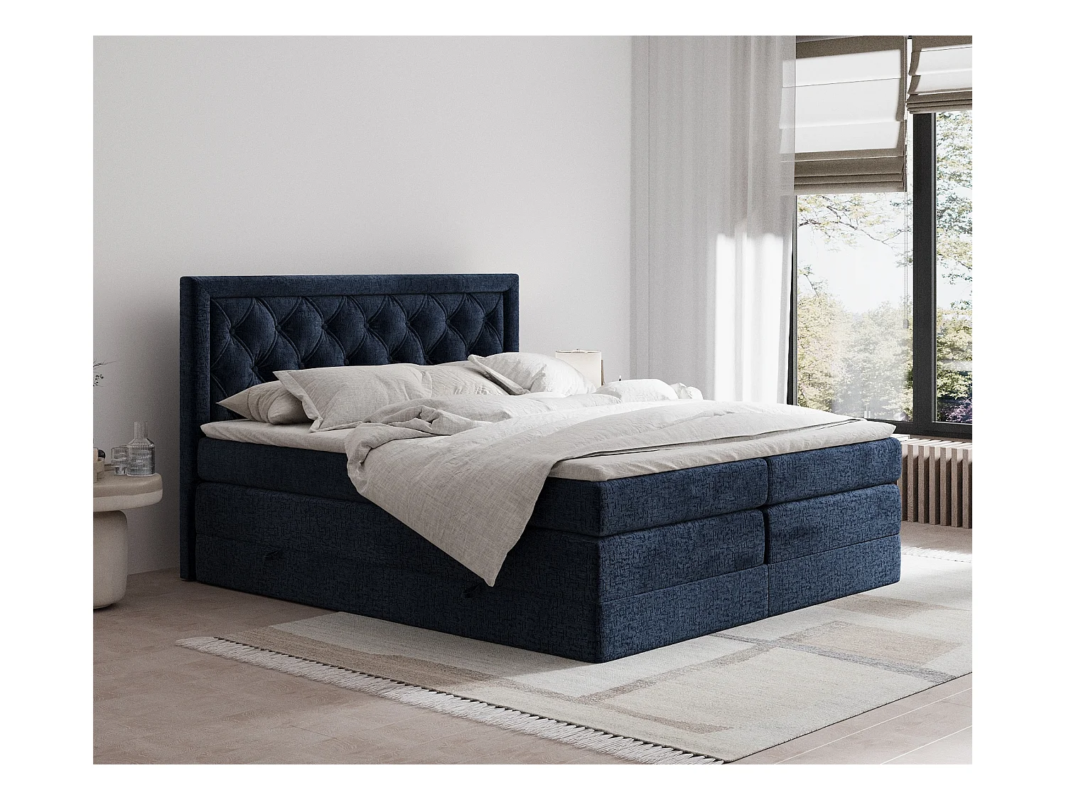 Lit boxspring en tissu chenille Aurelia - matelas - surmatelas - 180x200 cm - bleu marine