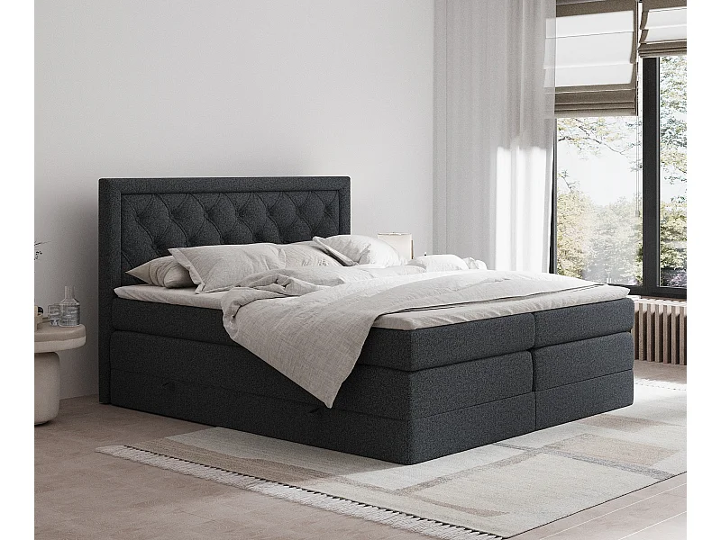 Lit boxspring en toile tissée Aurelia - matelas - surmatelas - 200x200 cm - noir
