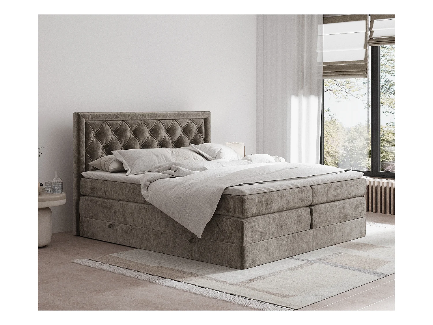 Lit boxspring en tissu chenille Aurelia - matelas - surmatelas - 180x200 cm - brun