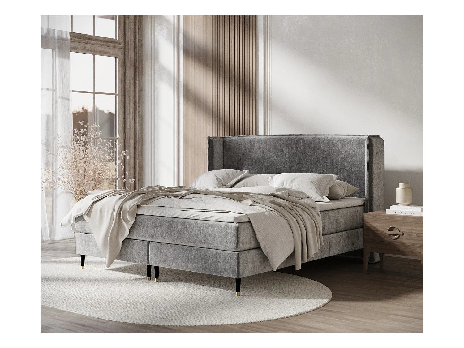 Lit boxspring en tissu chenille Ardis - matelas - surmatelas - 140x200 cm - gris