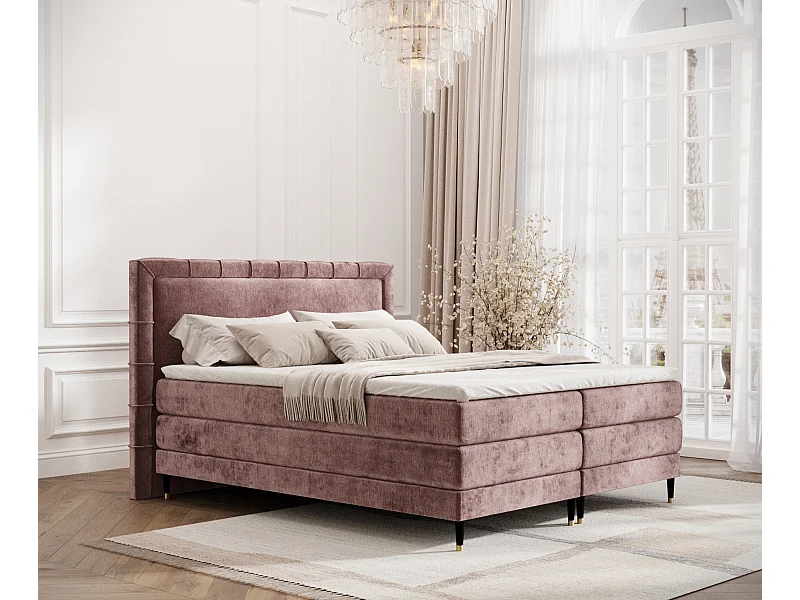 Łóżko boxspring w tkaninie szenilowej Rimini - materac - topper - 200x200 cm - różowy