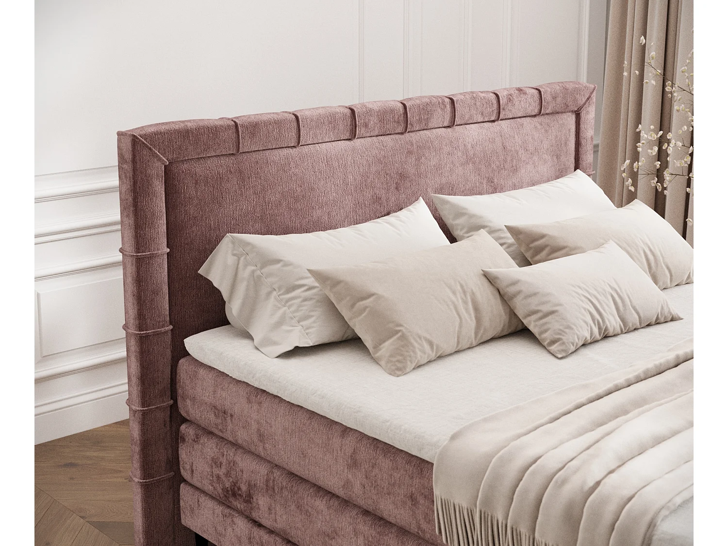 Boxspringbett aus Chenille-Stoff Rimini - Matratze - Toppermatratze - 200x200 cm - rosa