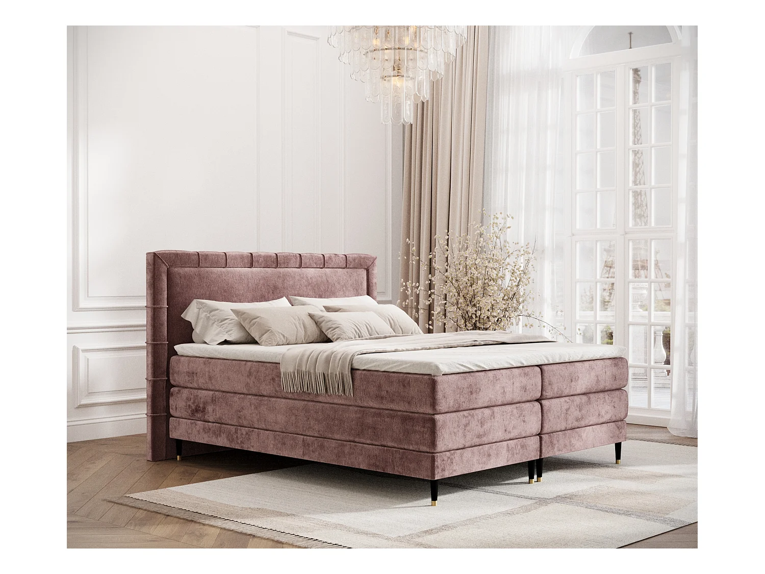 Lit boxspring en tissu chenille Rimini - matelas - surmatelas - 200x200 cm - rose