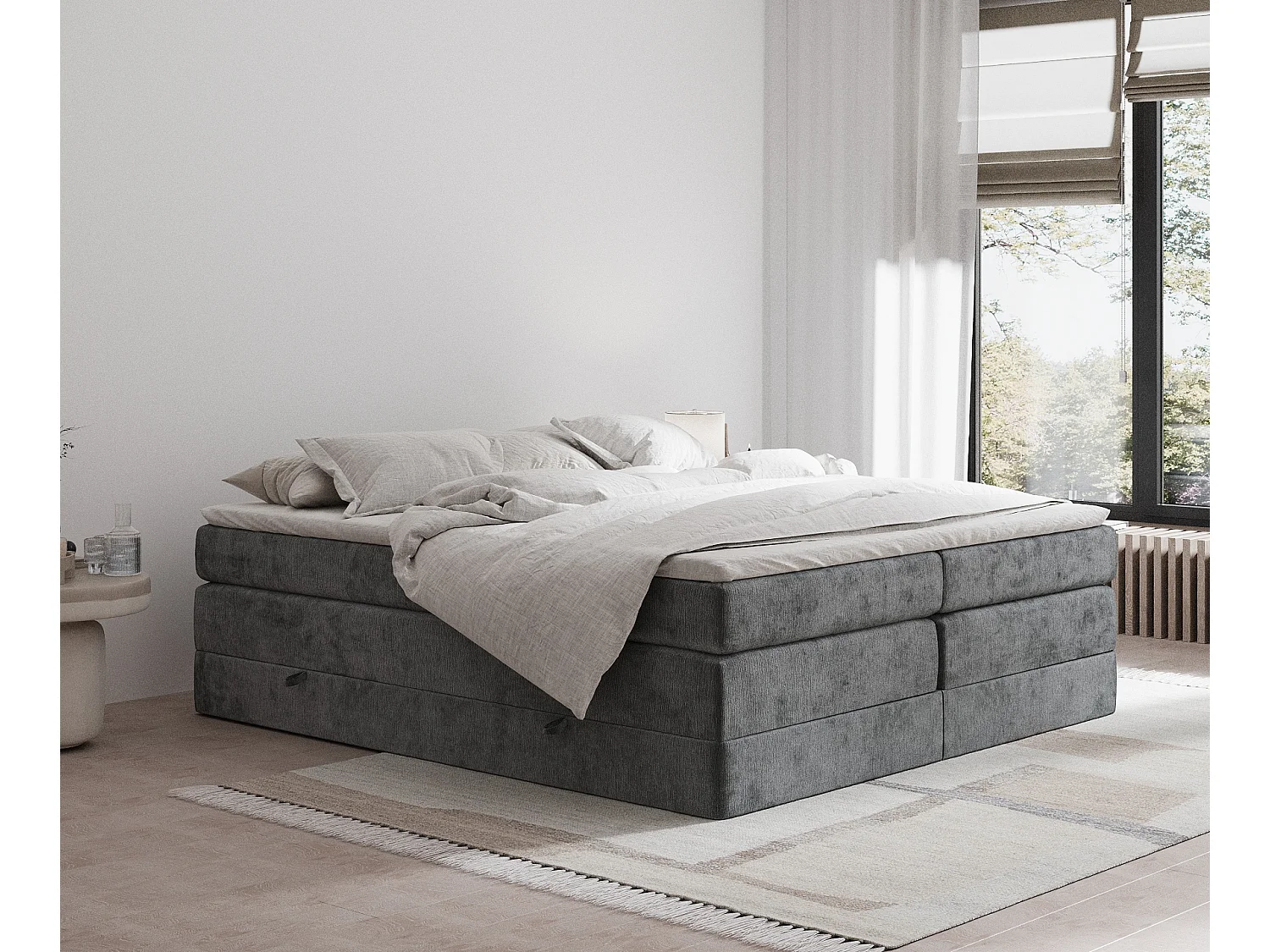 Boxspringbett aus Chenille-Stoff Juniper - Matratze - Toppermatratze - 160x200 cm - dunkelgrau