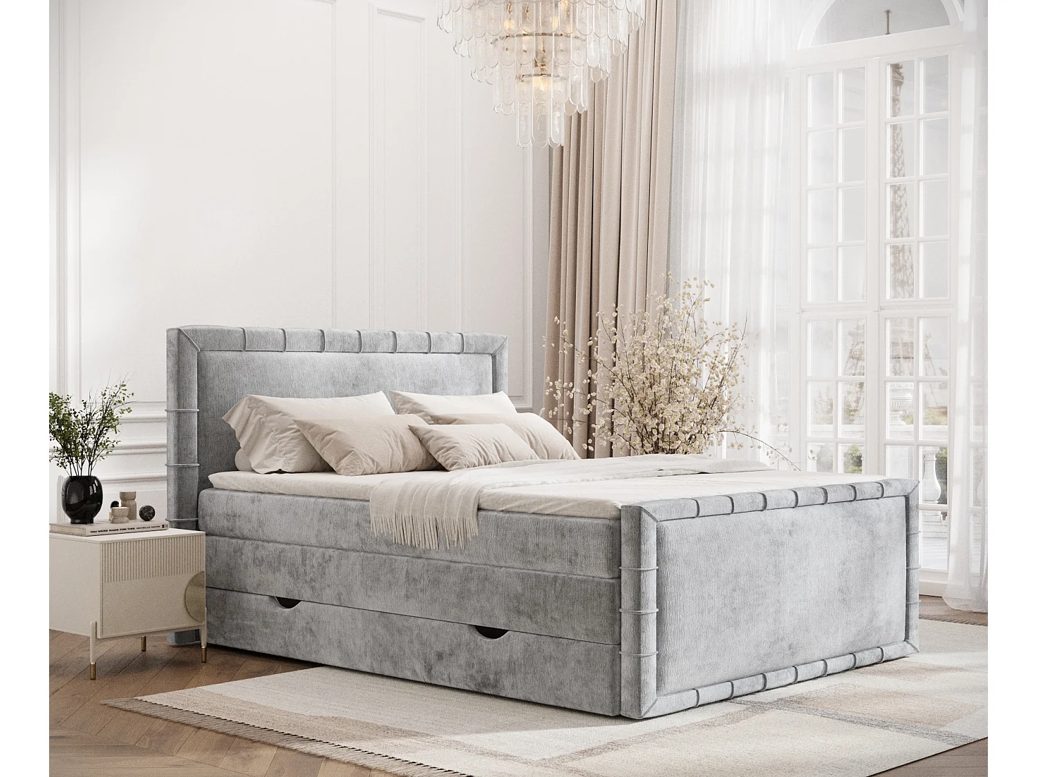 Lit boxspring en tissu chenille Estelle - matelas - surmatelas - 180x200 cm - gris clair