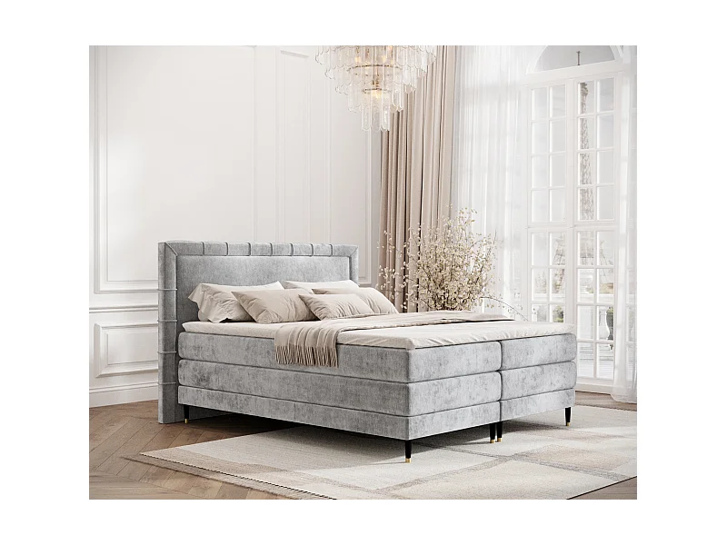 Łóżko boxspring w tkaninie szenilowej Rimini - materac - topper - 200x200 cm - jasnoszary