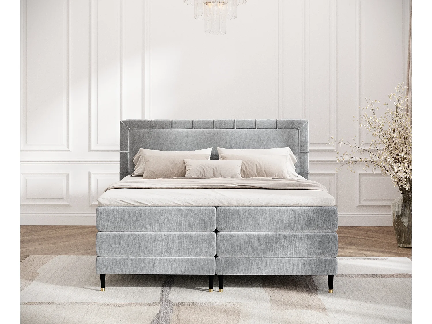 Lit boxspring en tissu chenille Rimini - matelas - surmatelas - 200x200 cm - gris clair