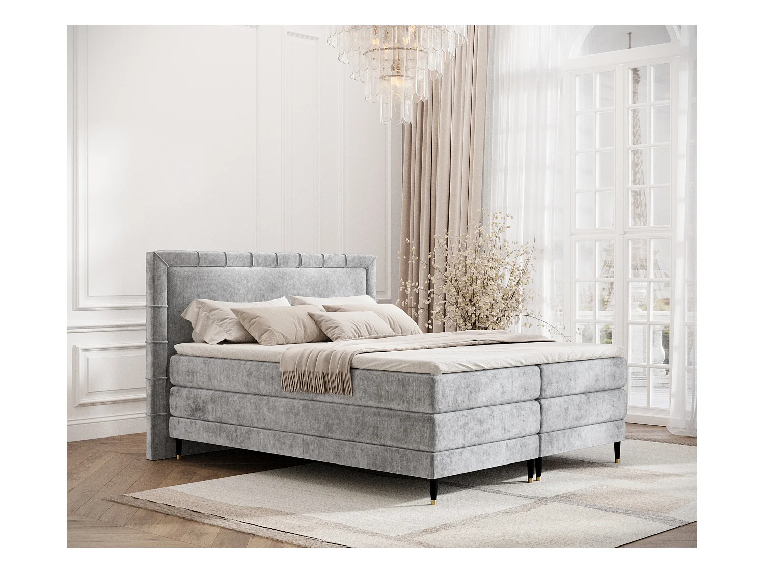 Lit boxspring en tissu chenille Rimini - matelas - surmatelas - 200x200 cm - gris clair
