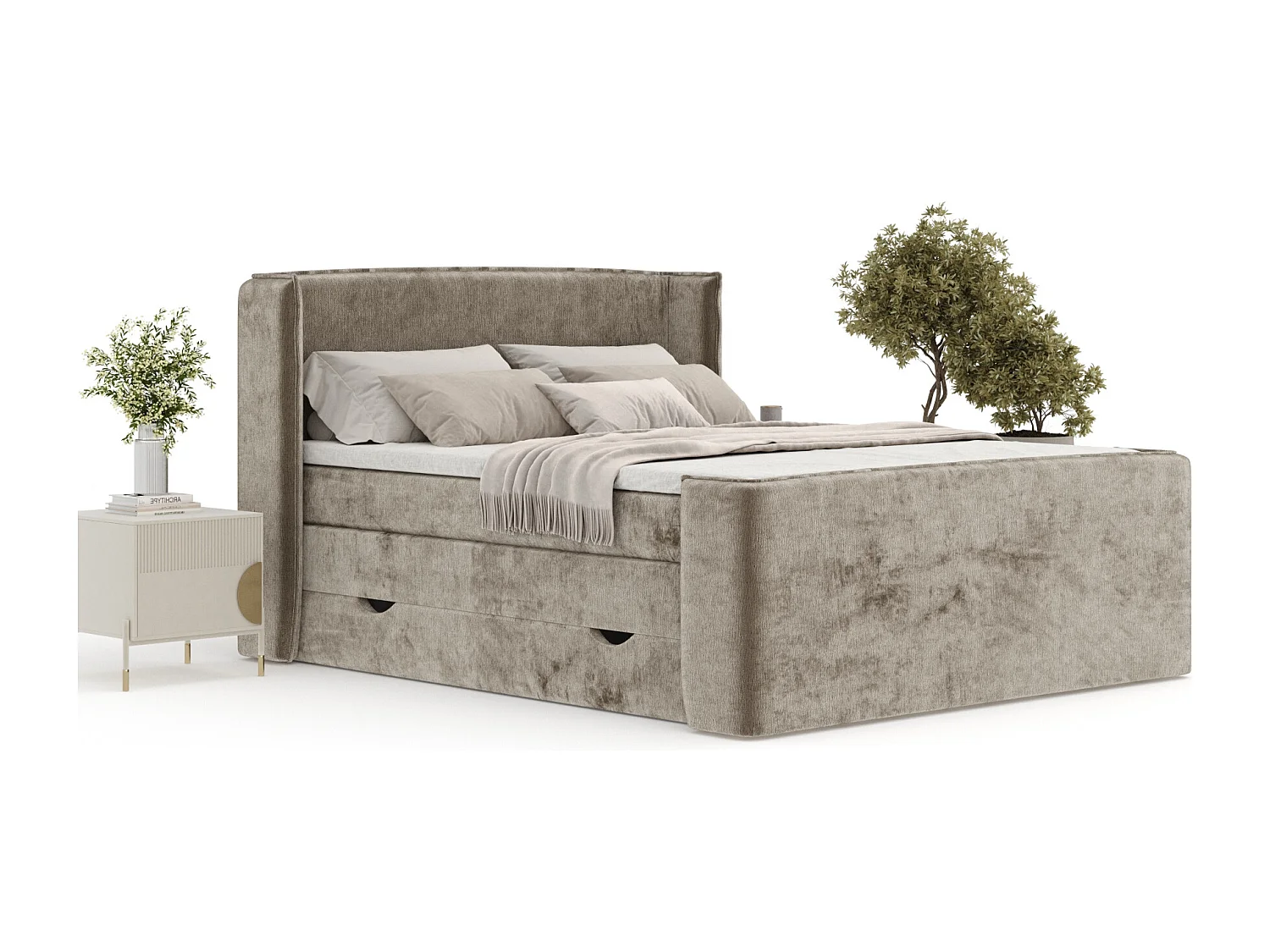 Lit boxspring en tissu chenille Freeland - matelas - surmatelas - 200x200 cm - beige