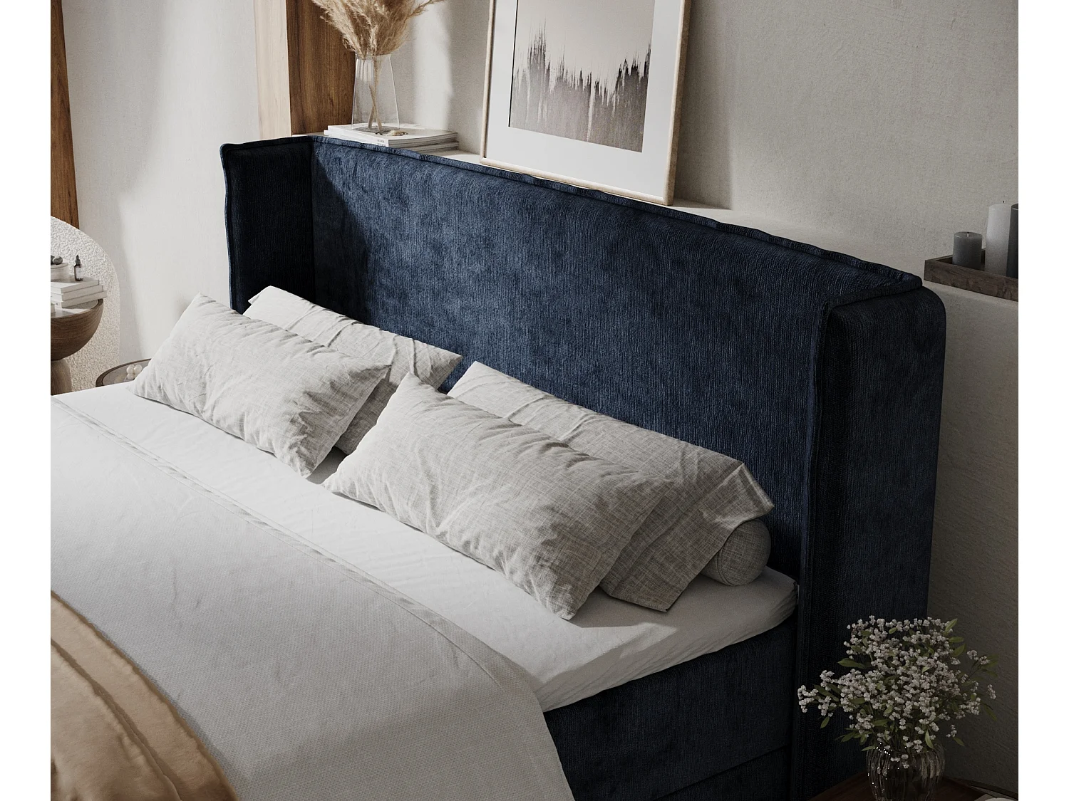 Boxspringbett aus Chenille-Stoff Skyline - Matratze - Toppermatratze - 200x200 cm - marineblau