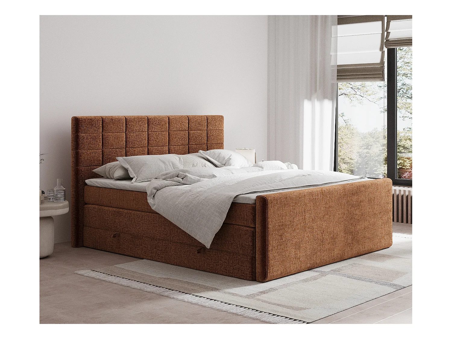 Lit boxspring en tissu chenille Ava - matelas - surmatelas - 160x200 cm - couleur cuivre