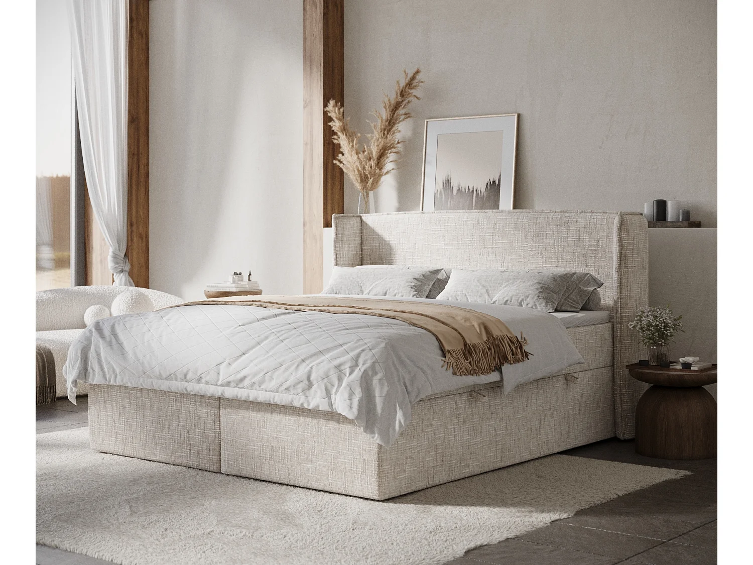 Lit boxspring en toile tissée Skyline - matelas - surmatelas - 180x200 cm - creme