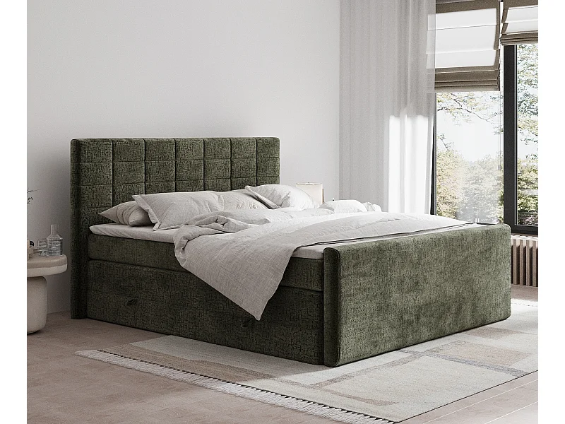 Boxspringbett aus Chenille-Stoff Ava - Matratze - Toppermatratze - 180x200 cm - olivenfarbe