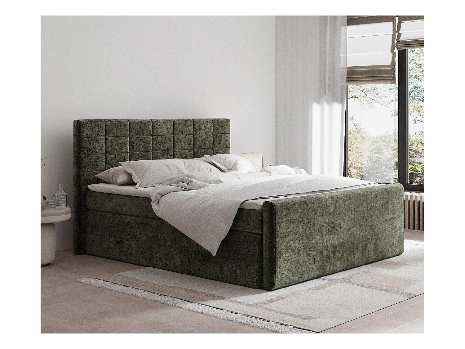 Lit boxspring en tissu chenille Ava - matelas - surmatelas - 180x200 cm - vert olive