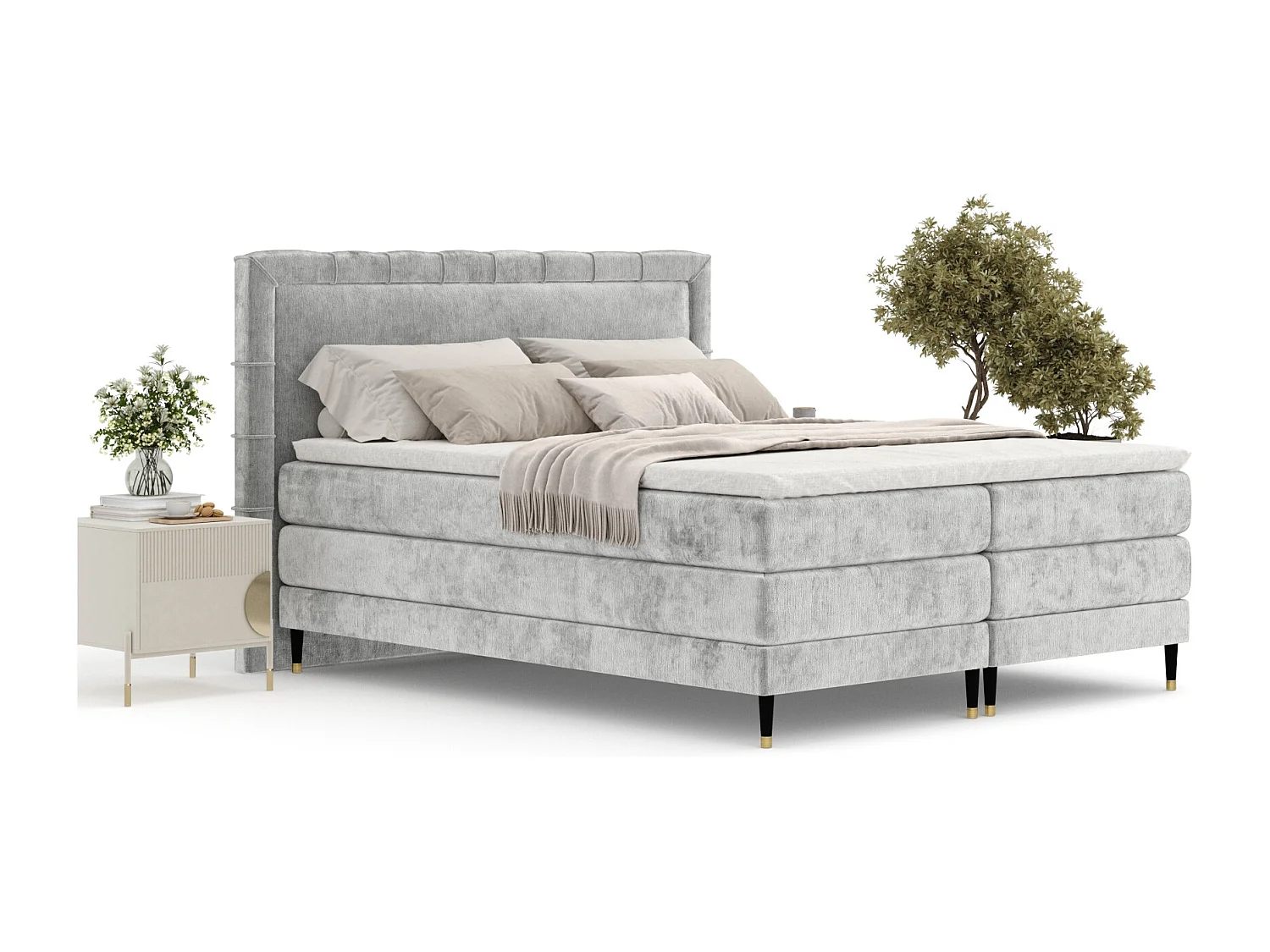 Lit boxspring en tissu chenille Rimini - matelas - surmatelas - 160x200 cm - gris clair