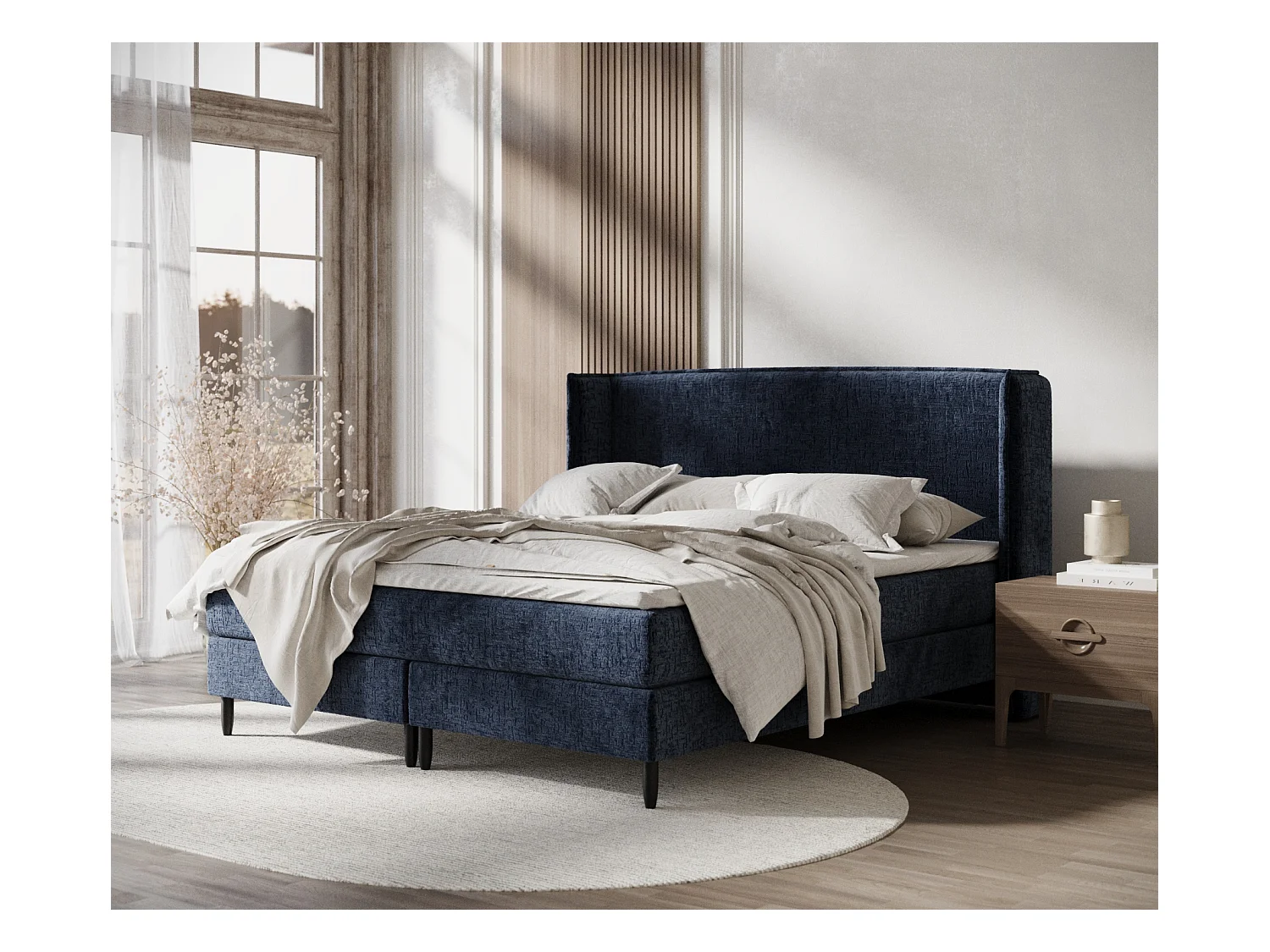Lit boxspring en tissu chenille Ardis - matelas - surmatelas - 200x200 cm - bleu marine