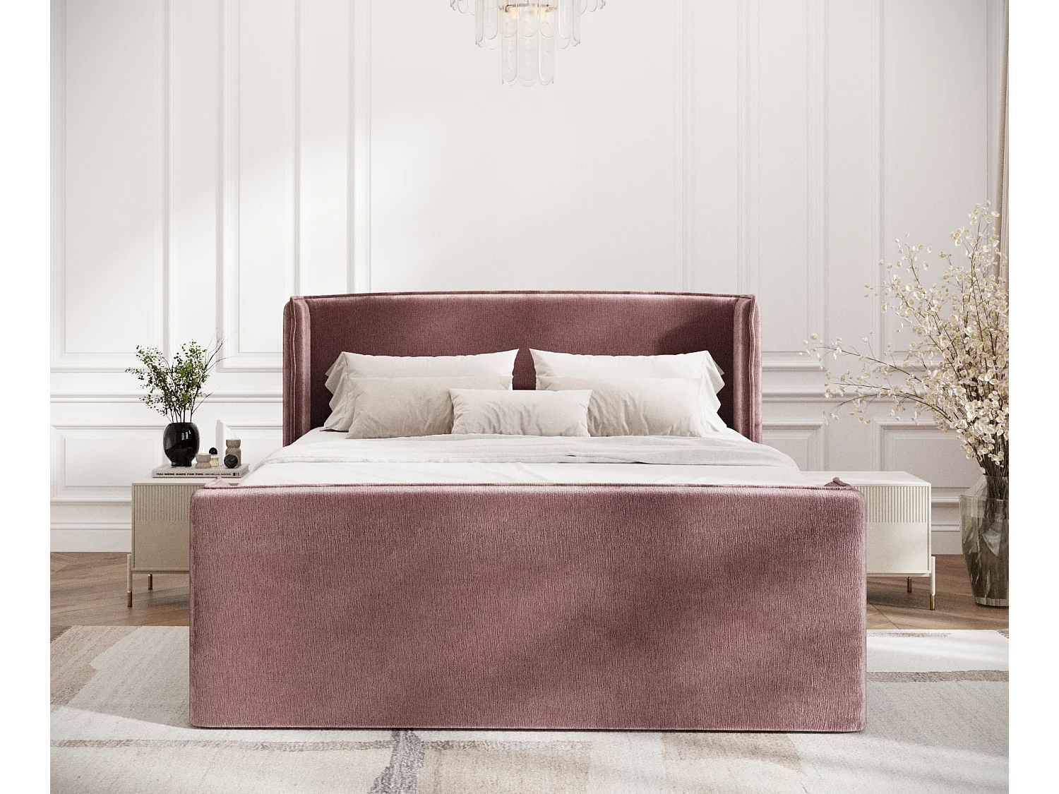 Boxspringbett aus Chenille-Stoff Freeland - Matratze - Toppermatratze - 200x200 cm - rosa