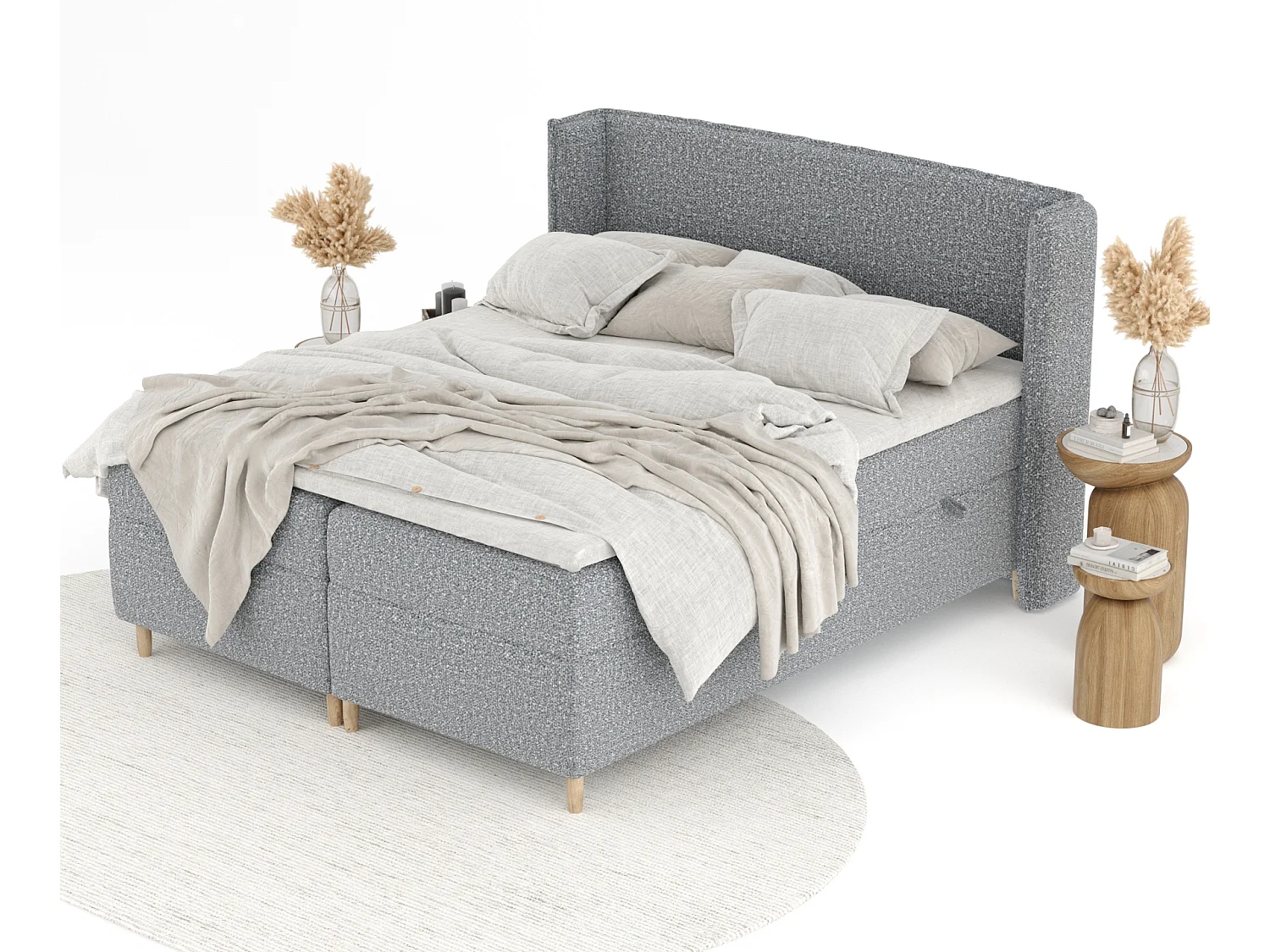 Boxspringbett aus Boucle-Stoff Segni - Matratze - Toppermatratze - 140x200 cm - grau
