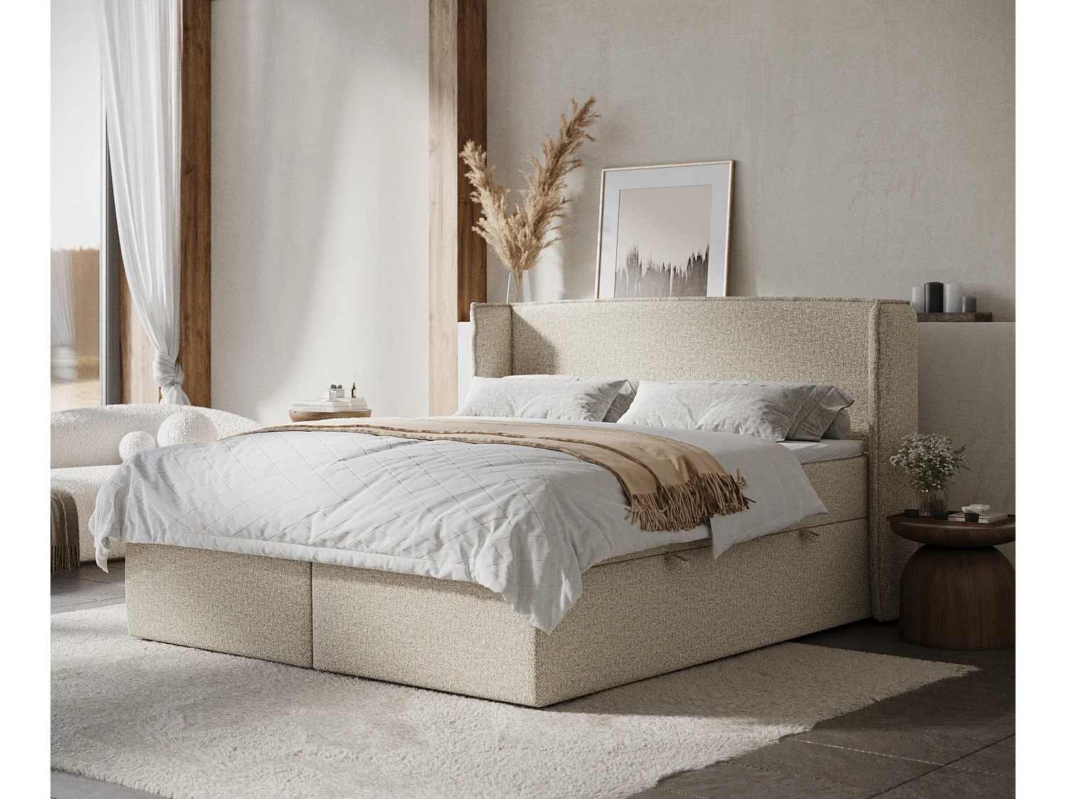 Boxspringbett aus Boucle-Stoff Skyline - Matratze - Toppermatratze - 160x200 cm - beige