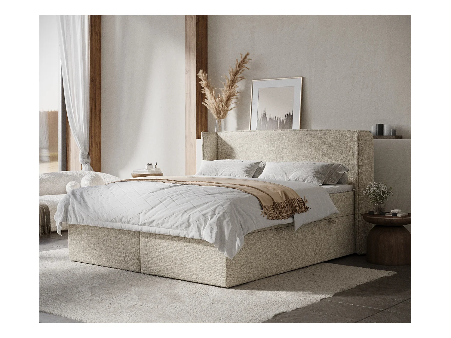 Lit boxspring en tissu bouclette Skyline - matelas - surmatelas - 160x200 cm - beige