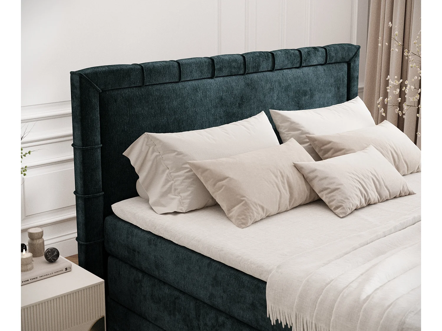 Lit boxspring en tissu chenille Estelle - matelas - surmatelas - 180x200 cm - couleur sarcelle