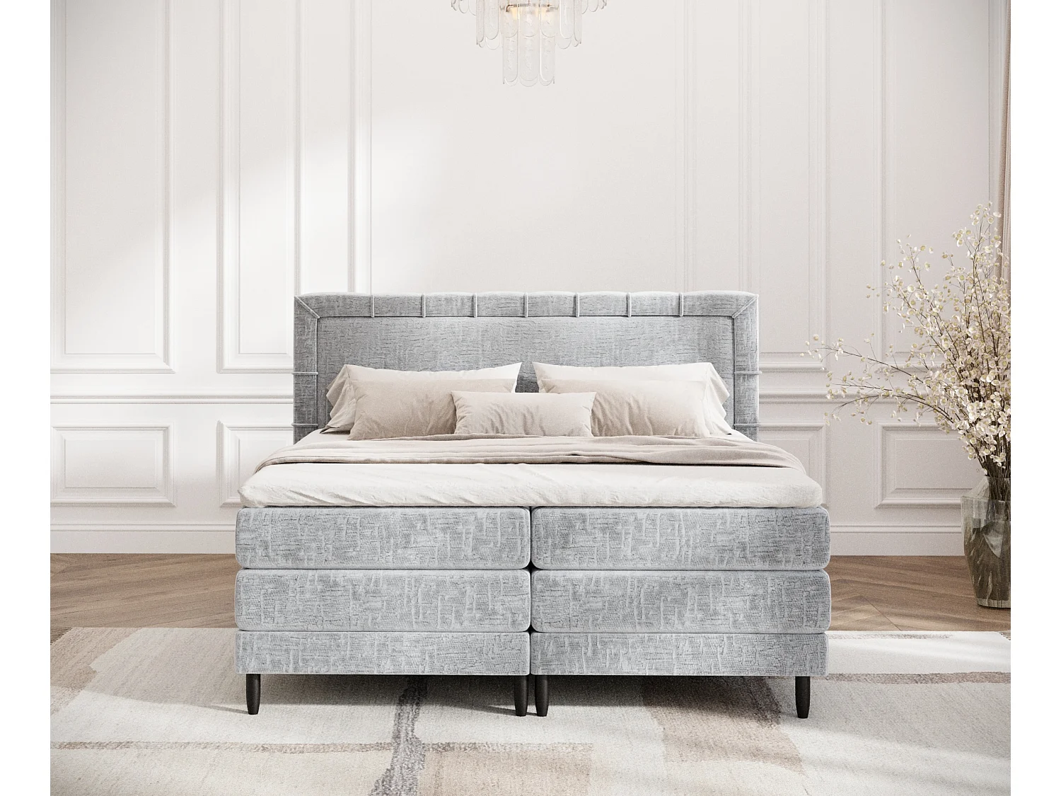 Boxspringbett aus Chenille-Stoff Rimini - materac - topper - 200x200 cm - hellgrau