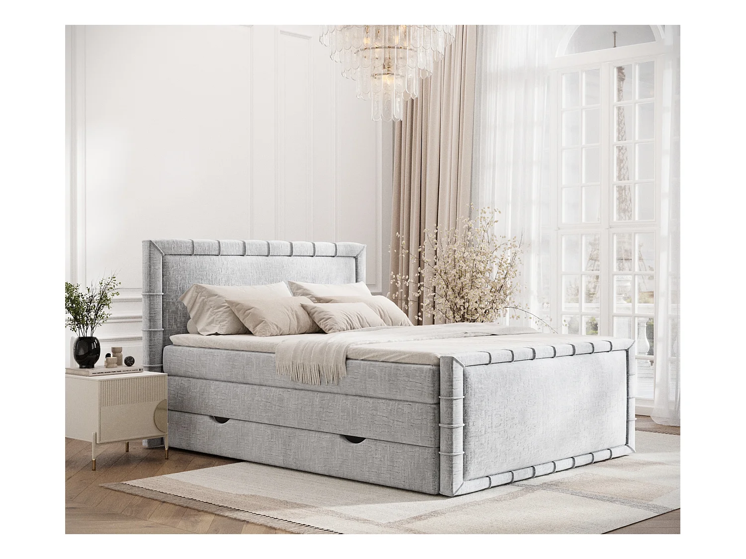 Lit boxspring en tissu chenille Estelle - matelas - surmatelas - 160x200 cm - gris clair