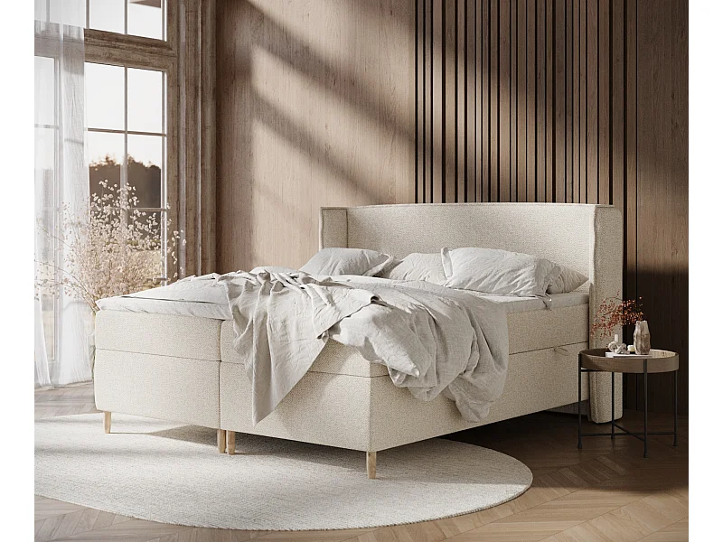 Łóżko boxspring w tkaninie boucle Segni - materac - topper - 200x200 cm - kremowy