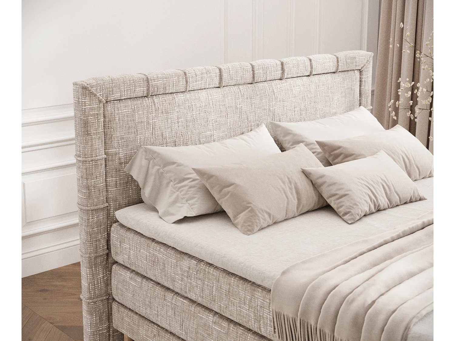 Łóżko boxspring w tkaninie plecionej Rimini - materac - topper - 160x200 cm - kremowy