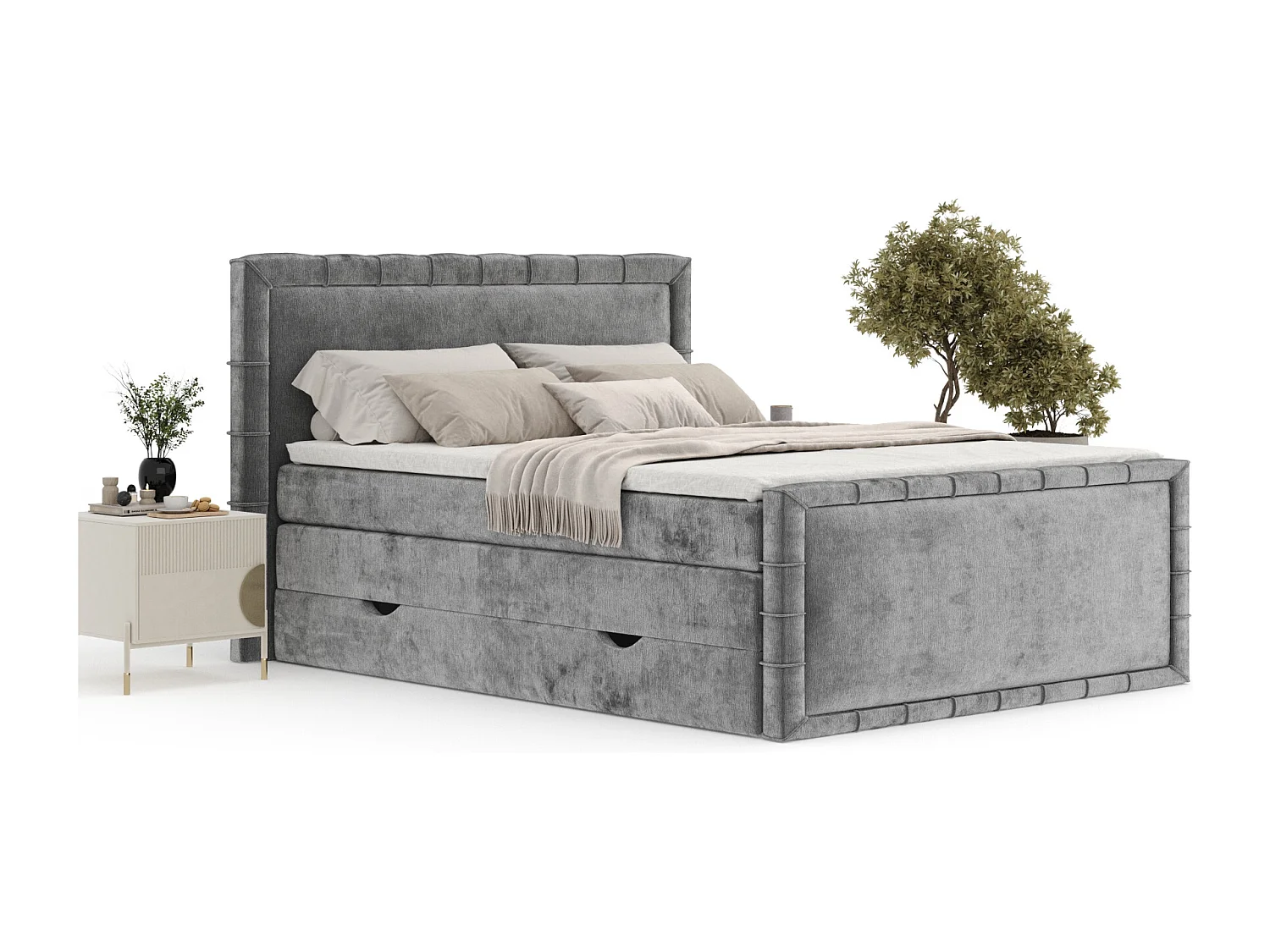 Lit boxspring en tissu chenille Estelle - matelas - surmatelas - 160x200 cm - gris