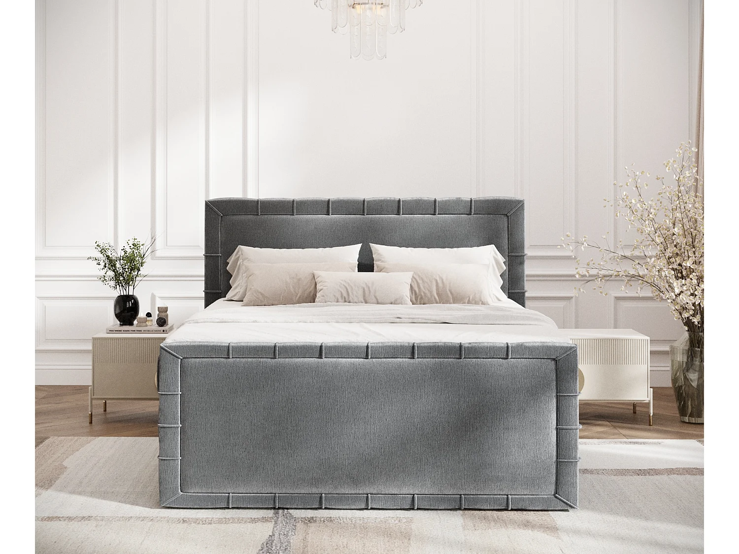 Lit boxspring en tissu chenille Estelle - matelas - surmatelas - 160x200 cm - gris